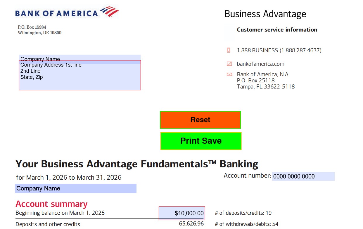 2026 March BofA Business statement template